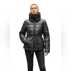 Danier Black Leather Puffer Jacket Sz XXS High Neck Bomber Quilted Winter Coat